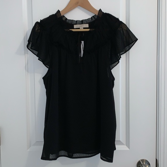 NWT LOFT flutter sleeve ruffle yoke fully lined tone on tone black dotted top L - Picture 1 of 5